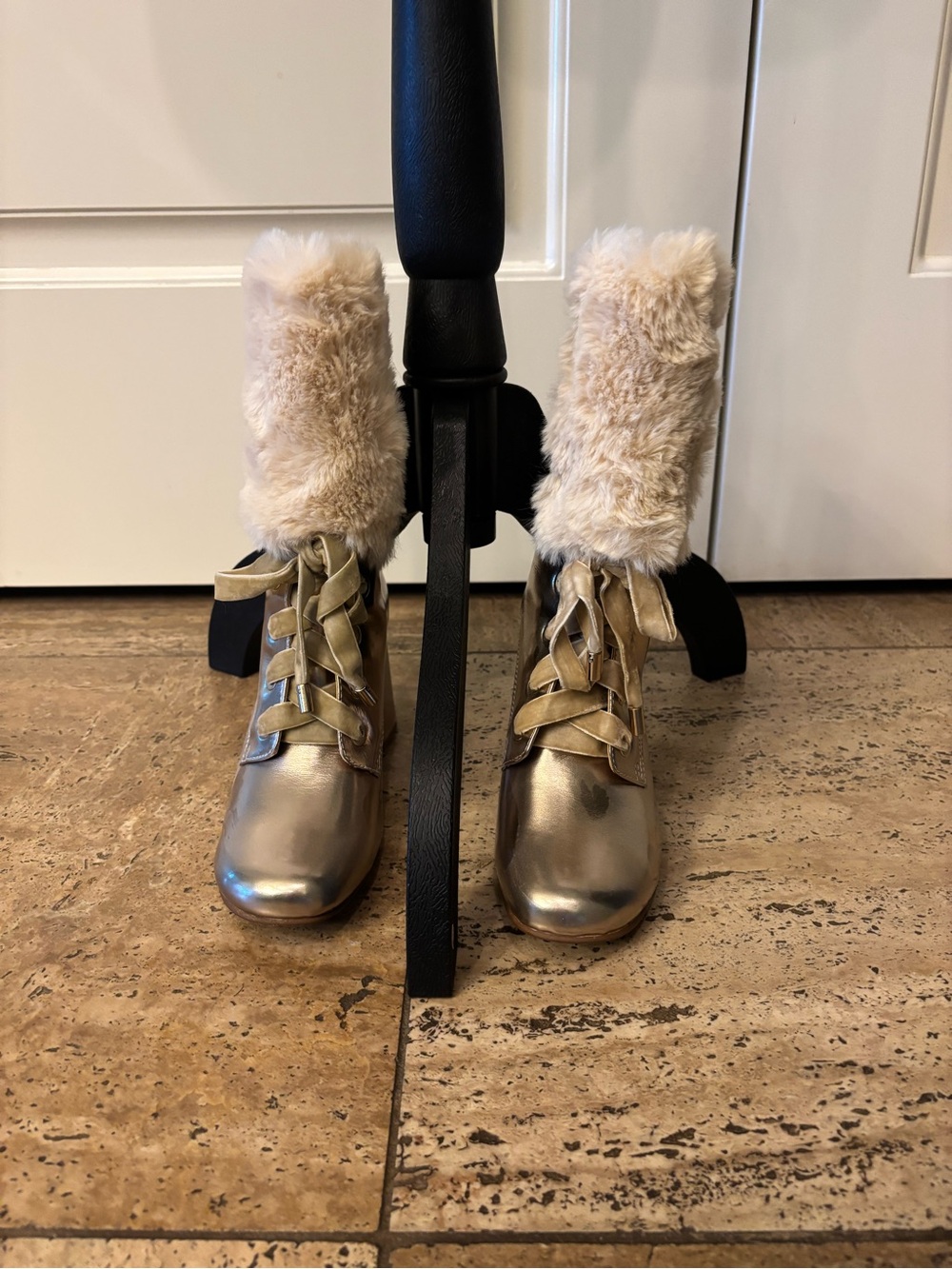 Women’s Metallic Gold Lace-Up Fur-Trim Boots